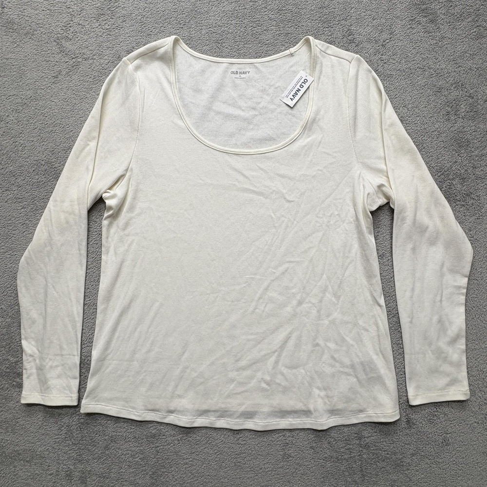Old Navy Shirt Womens 2X White Long Sleeve Scoop Neck Stretch‎ Ribbed Basic Top
